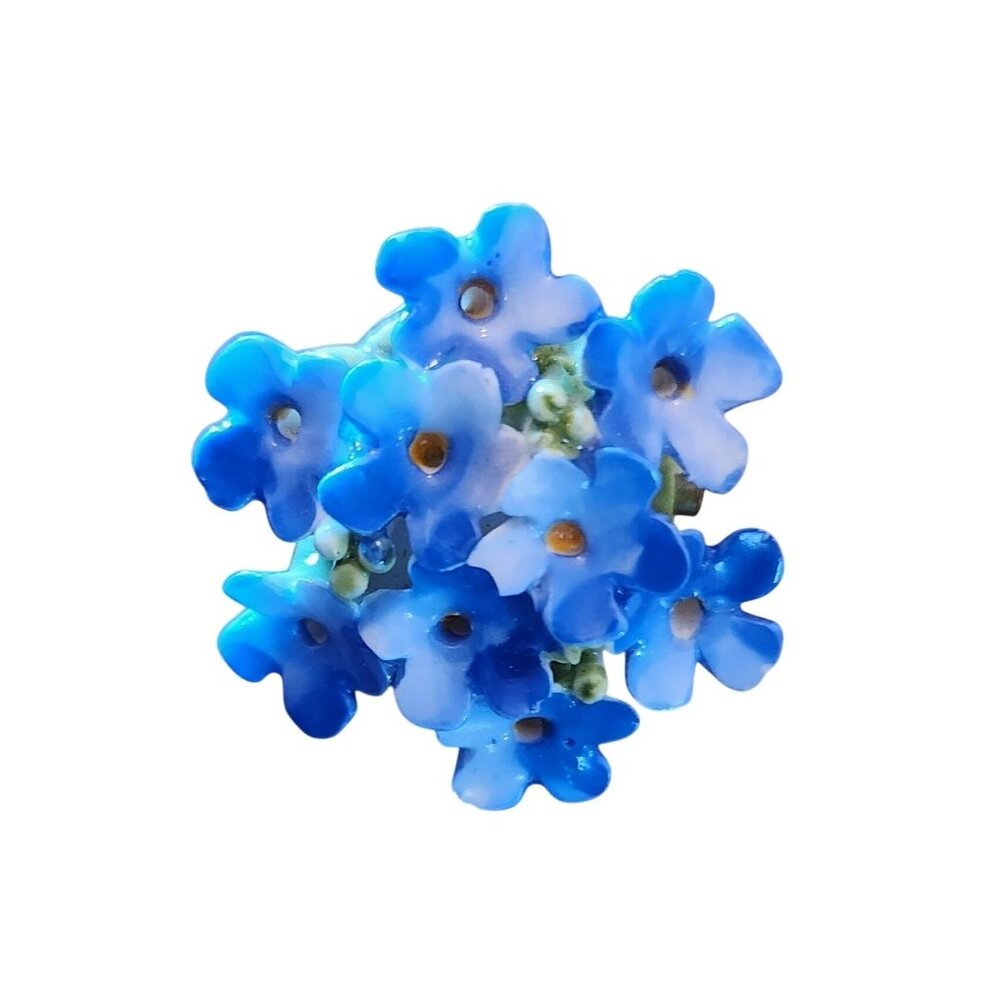 Vintage Denton China Made In England Blue Porcelain Forget-Me-Not Floral Brooch